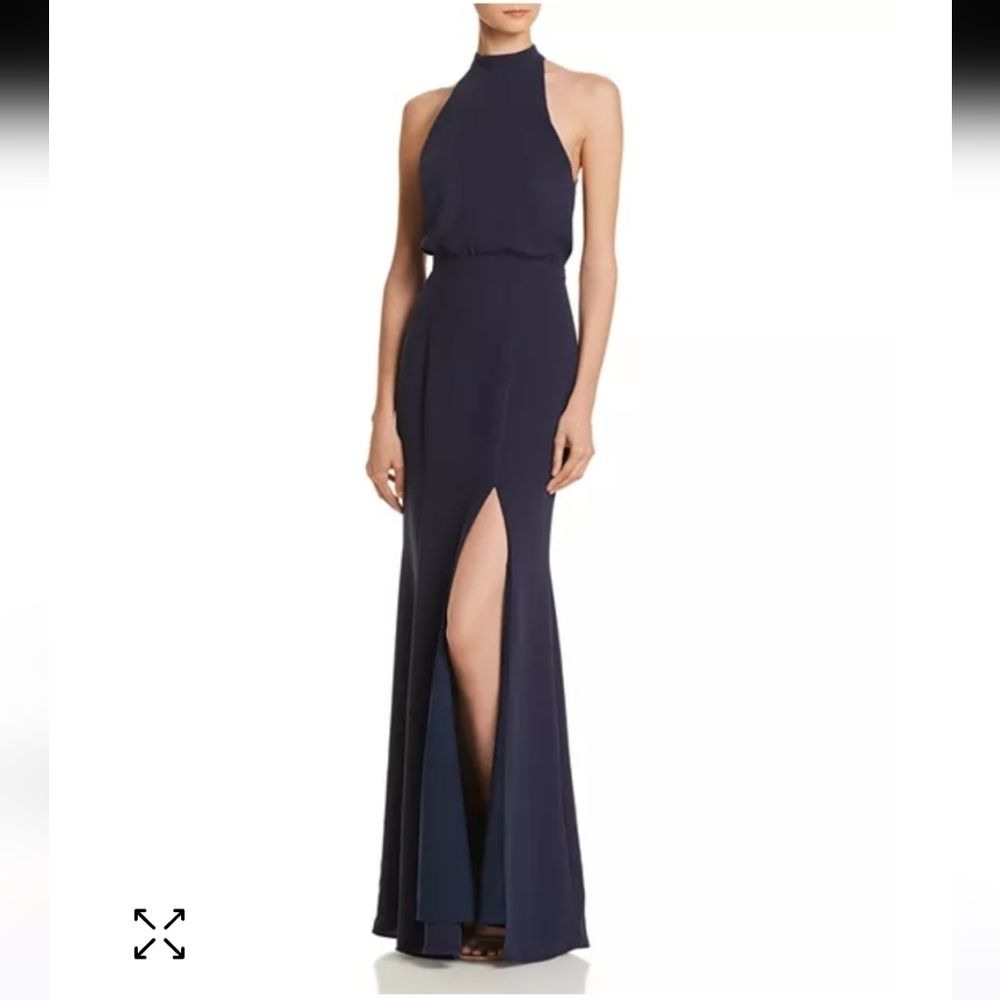 LIKELY Cameron Gown Navy Georgette  Blouson Halter Maxi Dress XS
